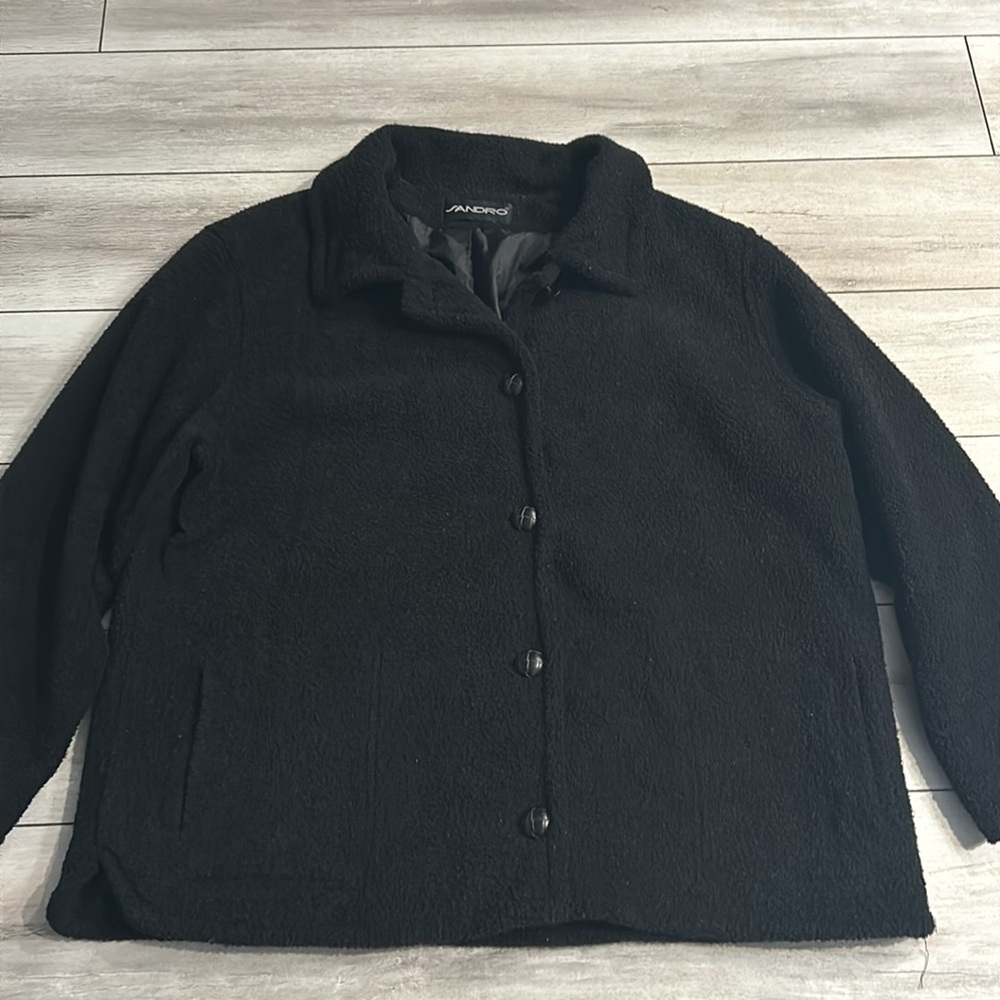 SANDRO black polyester teddy bear fleece button front jacket size large Y2K - Picture 3 of 8